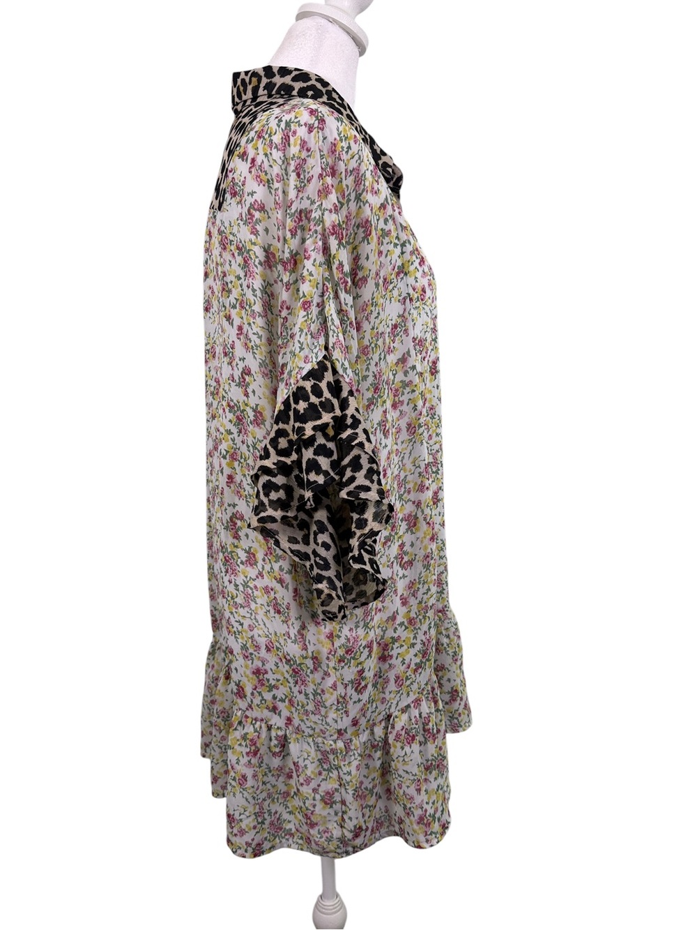 Umgee Floral Leopard Print Sheer Ruffle Hem Button Tunic Top L - Picture 5 of 10